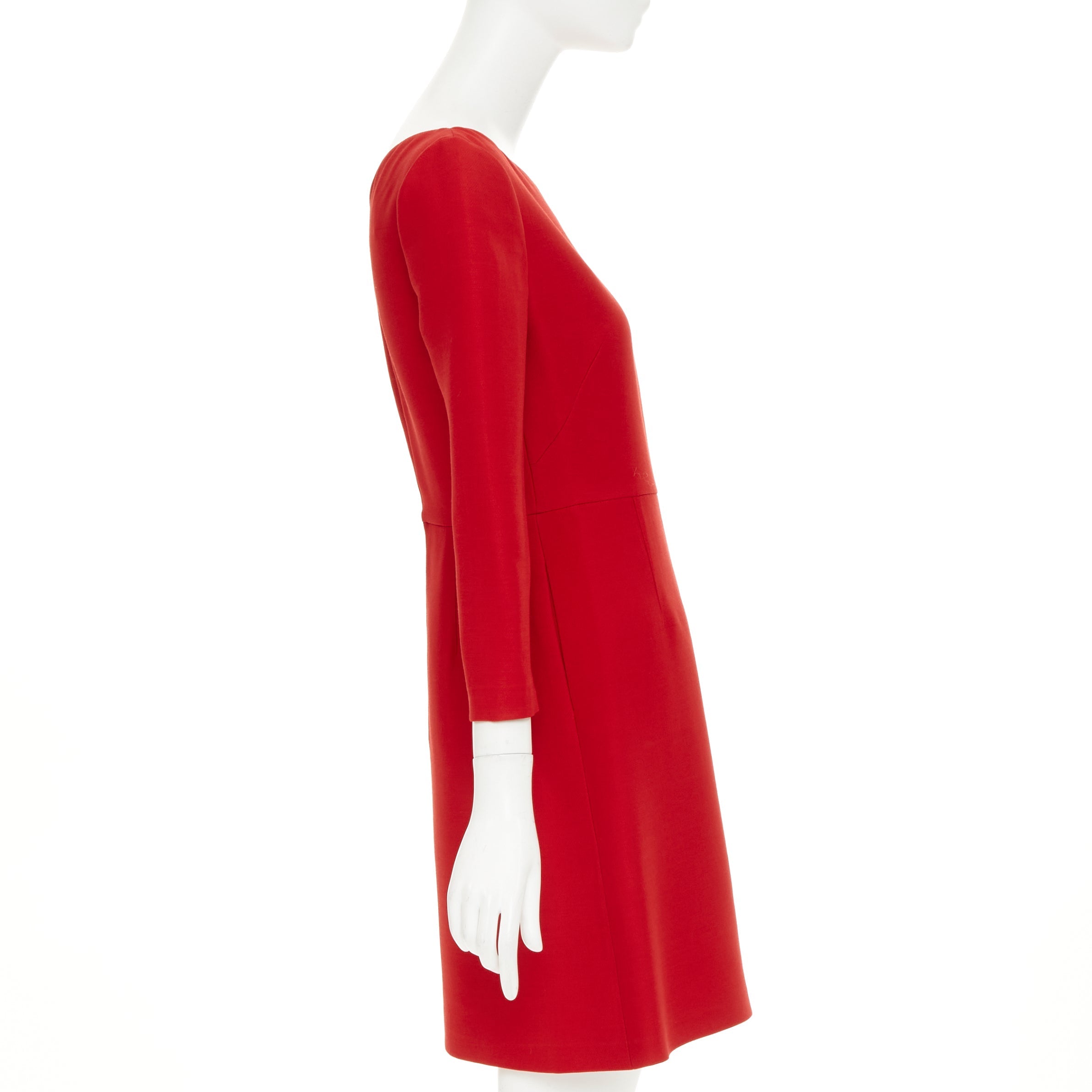 Women's Valentino wide V neck red wool silk A-line dress - Image 4