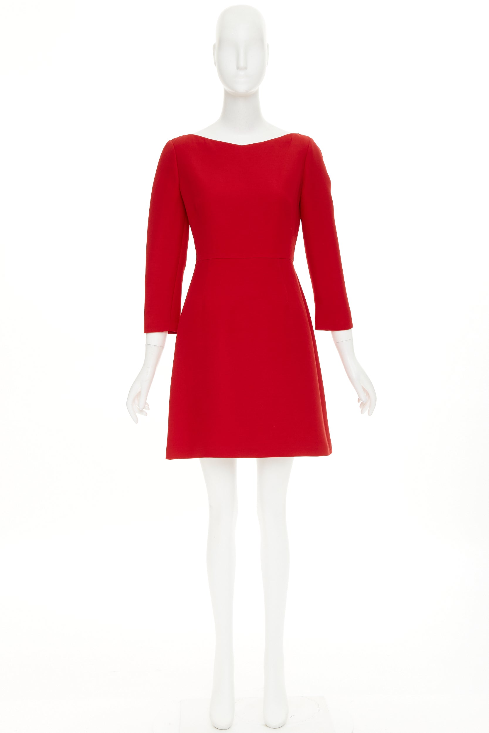 Women's Valentino wide V neck red wool silk A-line dress - Image 9