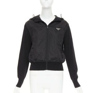 Women's Prada virgin wool nylon front triangle logo zip hoodie