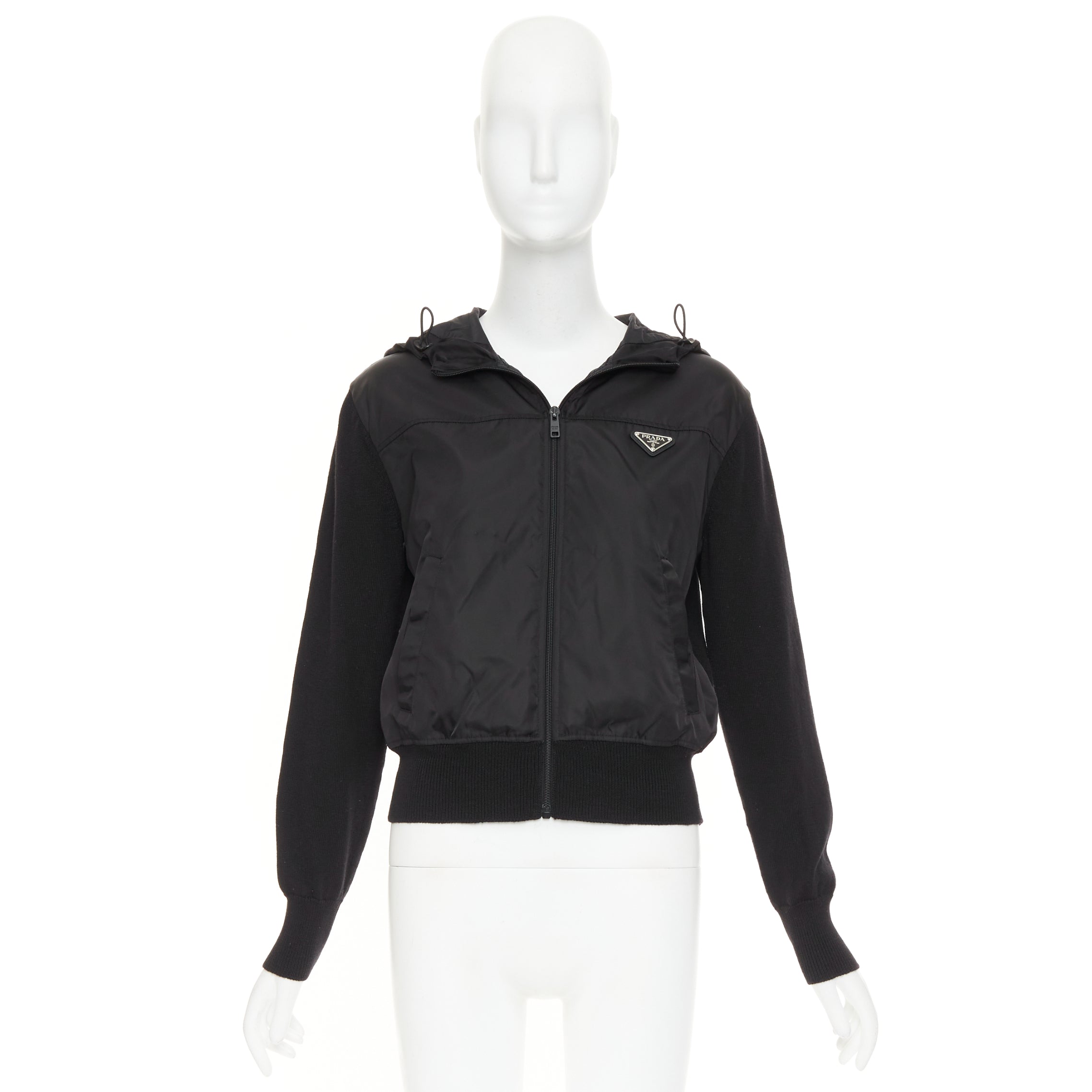 Women's Prada virgin wool nylon front triangle logo zip hoodie - Image 10