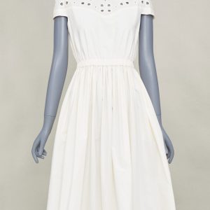 Women's Fendi eyelet cutout scalloped white cotton midi dress