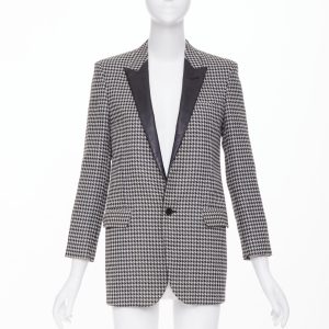 Women's Saint Laurent leather peak lapel houndstooth blazer