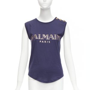 Women's Balmain gold foil logo military button shoulder tank top