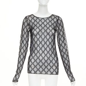 Women's Gucci sheer monogram GG embroidered tulle long sleeve top