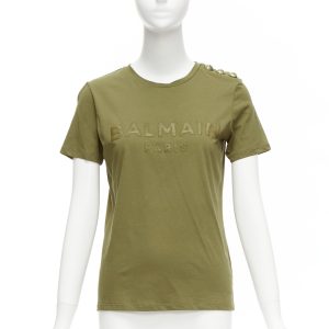 Women's Balmain distressed logo military buttons tshirt