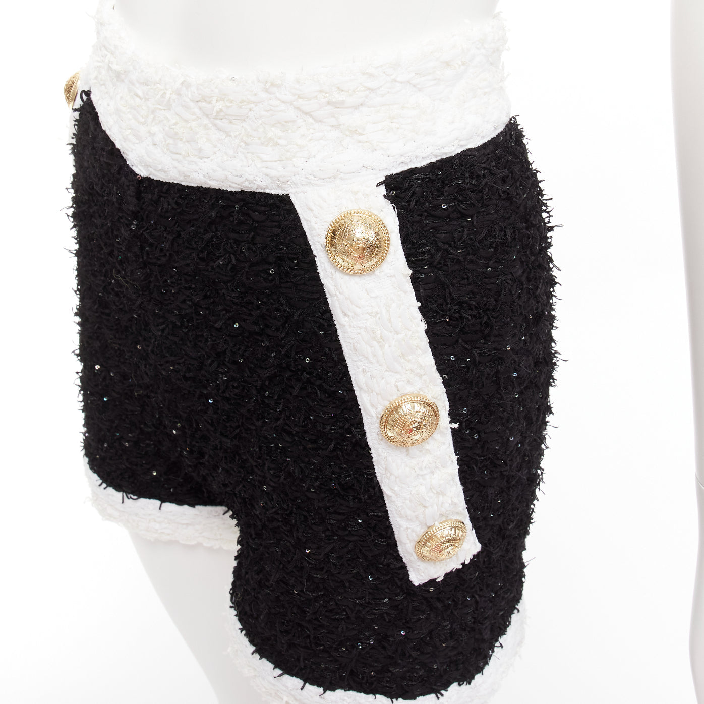 Women's Balmain sequins tweed gold buttons zip high waisted shorts - Image 2