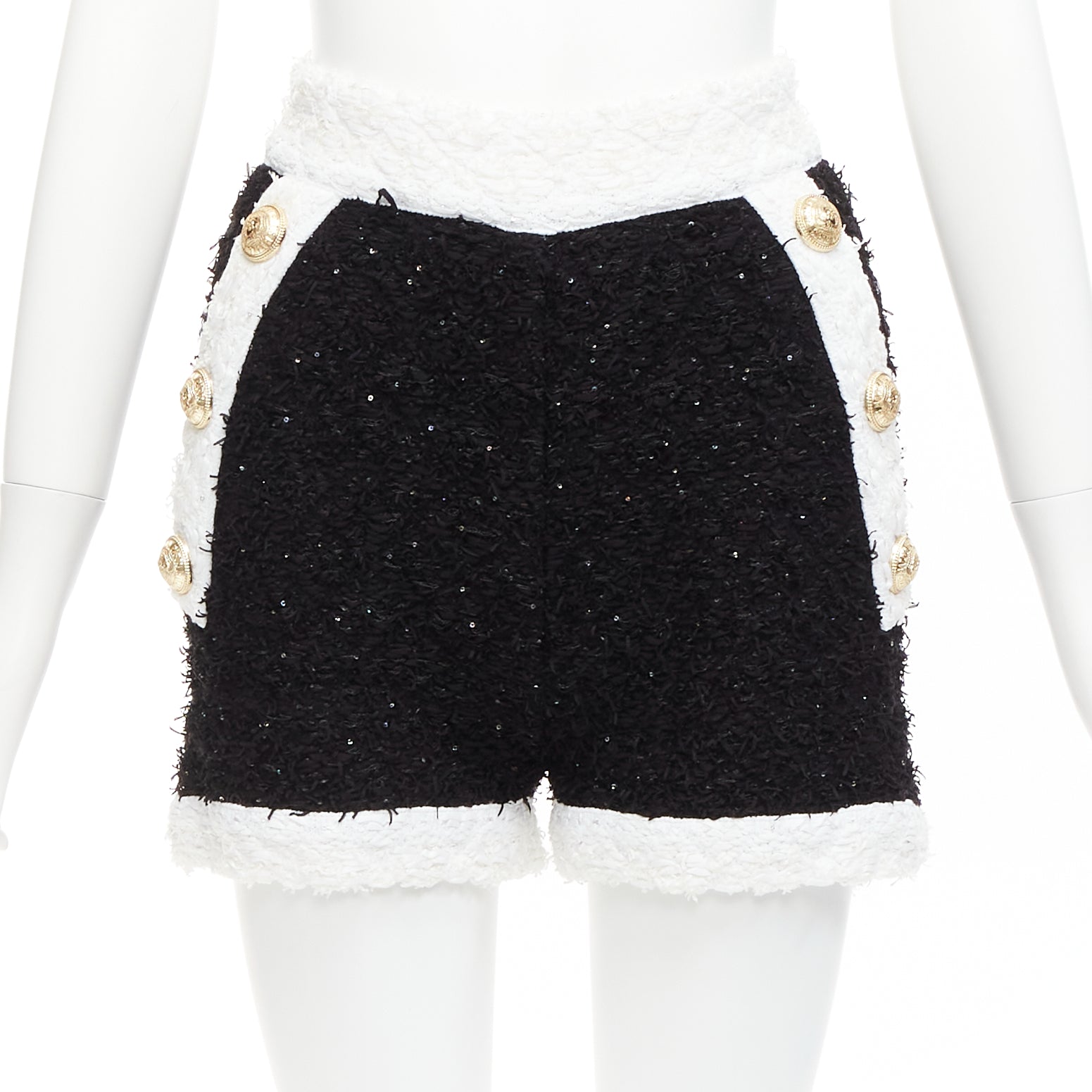 Women's Balmain sequins tweed gold buttons zip high waisted shorts - Image 3