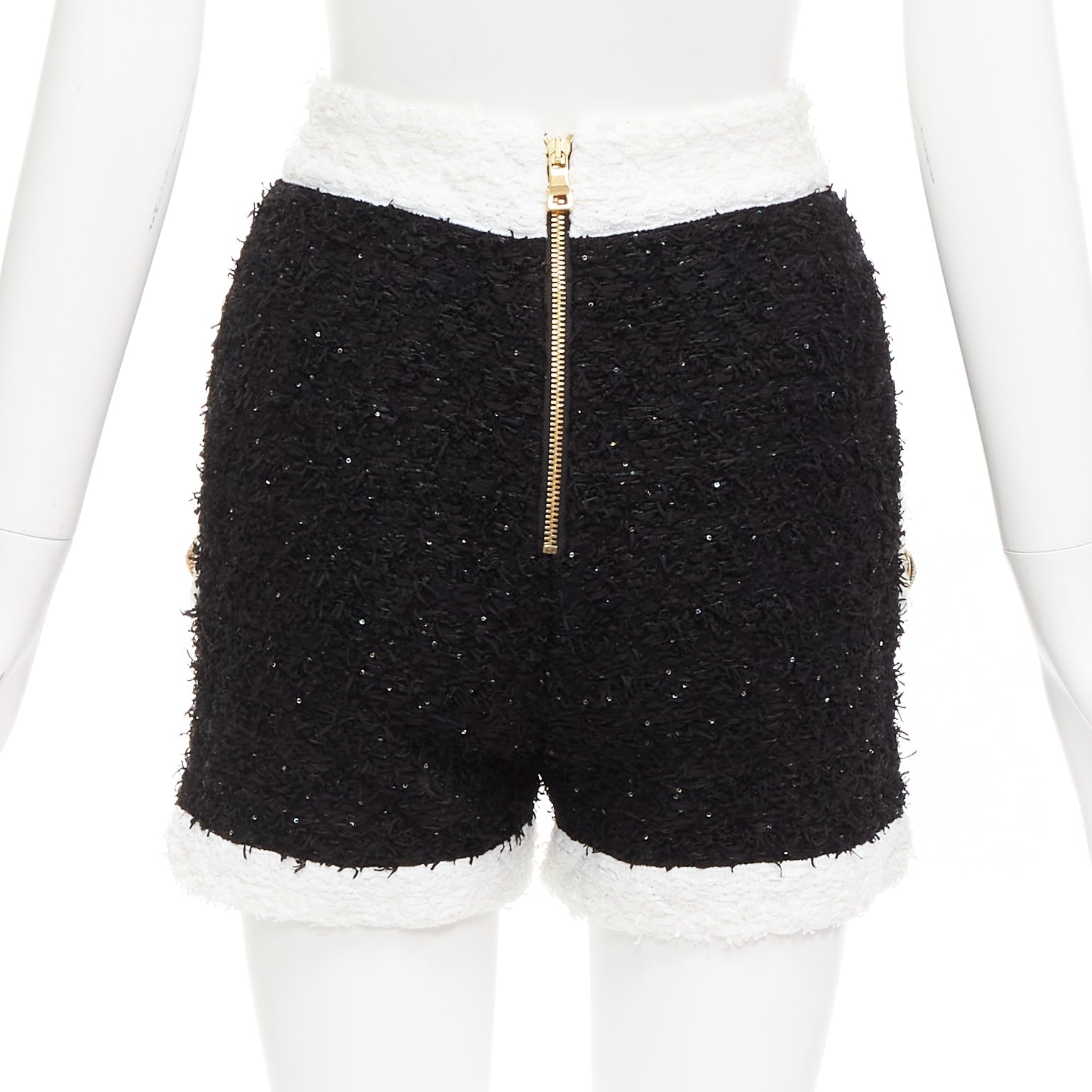 Women's Balmain sequins tweed gold buttons zip high waisted shorts - Image 5