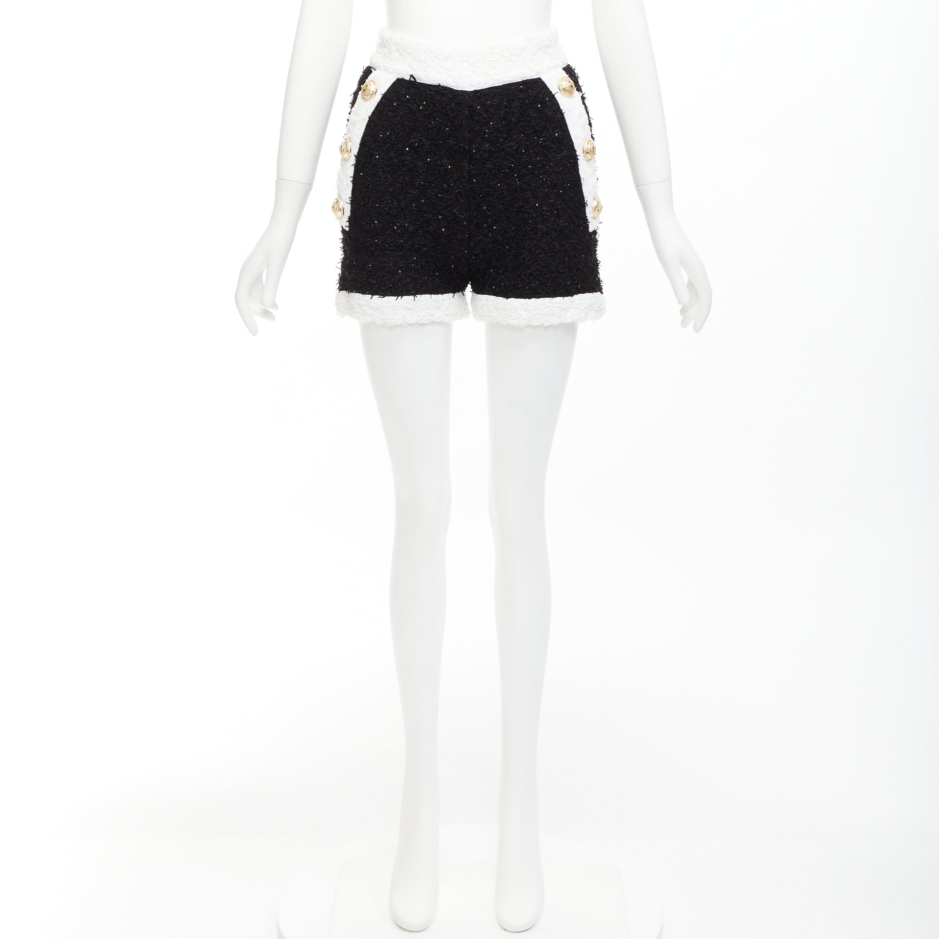 Women's Balmain sequins tweed gold buttons zip high waisted shorts - Image 9