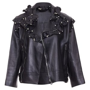Women's Gucci black lambskin leather faux pearl ruffle collar jacket