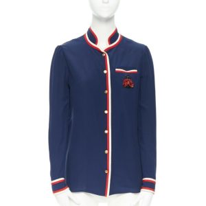 Women's Gucci tricolour ladybug embellish brooch badge silk shirt