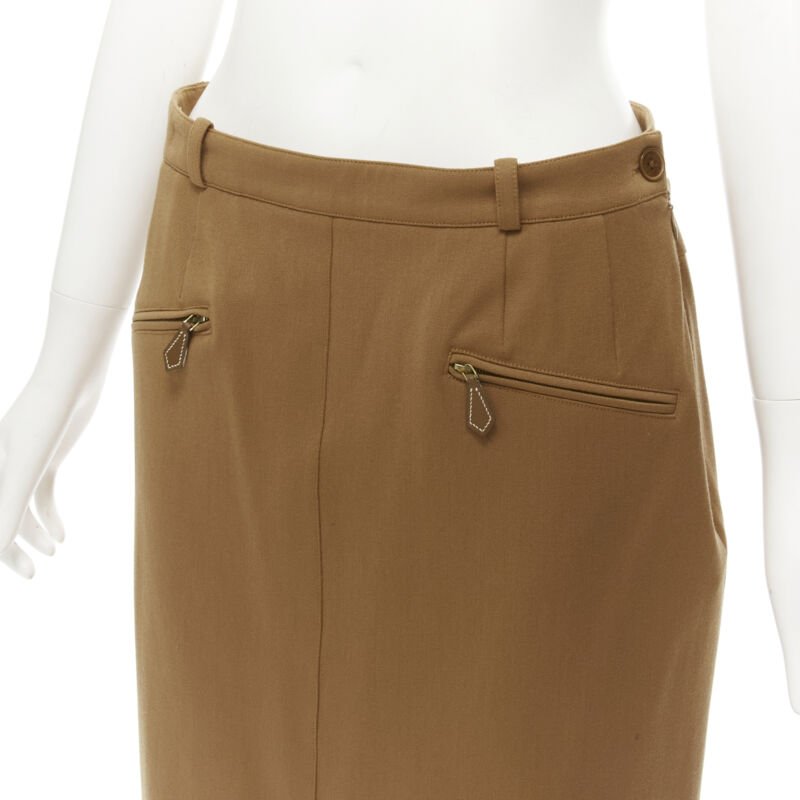 Women's Hermes brown wool blend leather Sellier pocket pencil skirt - Image 2