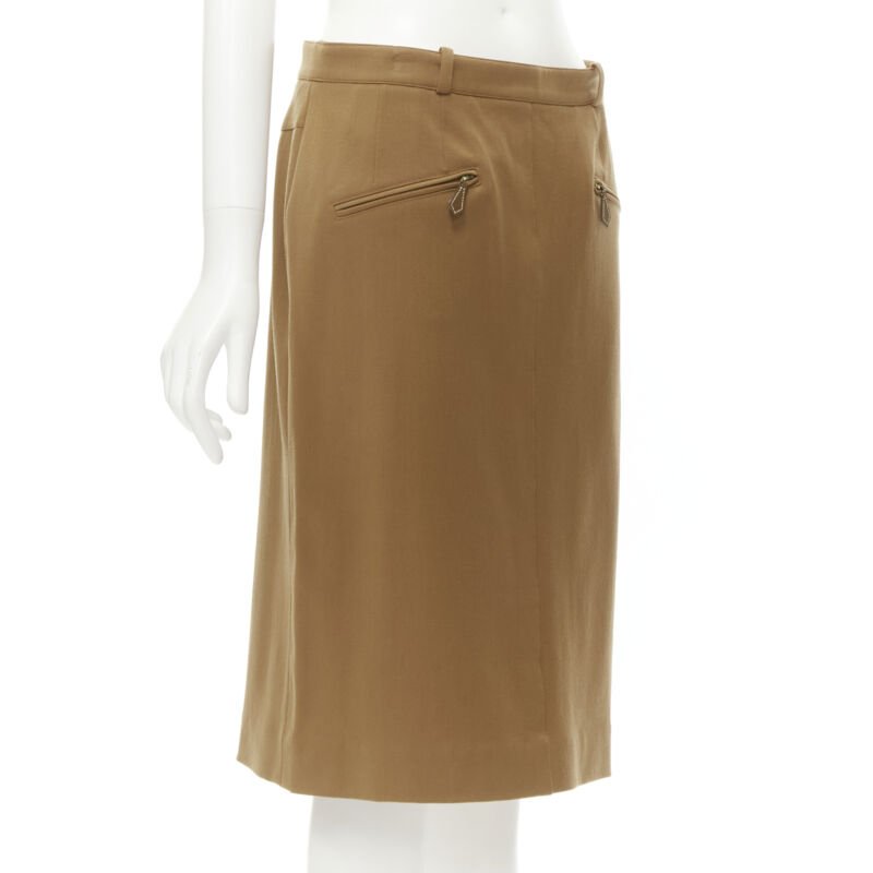 Women's Hermes brown wool blend leather Sellier pocket pencil skirt - Image 3