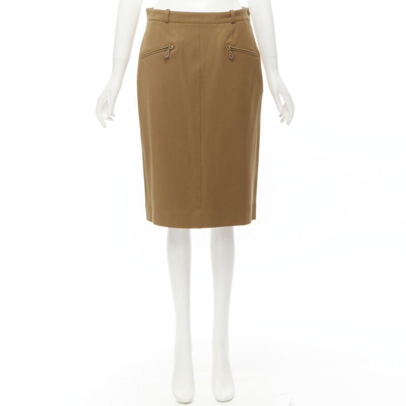 Women's Hermes brown wool blend leather Sellier pocket pencil skirt - Image 9