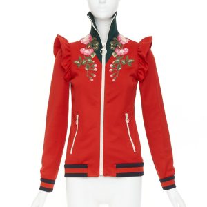 Women's Gucci red pink flower embroidery applique web trim track jacket