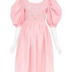 Women's Miu Miu pink silk white flower embroidered smocked dress
