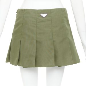 Women's Prada khaki green nylon canvas triangle logo pleated skirt