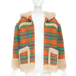 Women's Miu Miu Plaid Casentino Shearling wool sheepskin fur boxy jacket