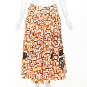 Women's Prada orange geometric link print triangle logo midi skirt
