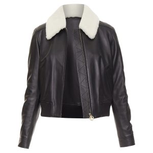 Women's Lanvin black lambskin leather shearling collar aviator bomber