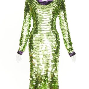 Women's Prada green sequin paillettes purple jacquard trim dress