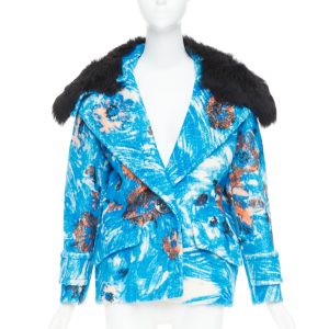 Women's Prada blue alpaca wool abstract floral fur collar pea coat