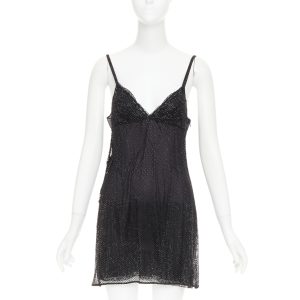 Women's Prada black rhinestone crystal degrade mesh mini slip dress