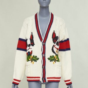 Women's Gucci Bosco Orso Dog Bulldog red cream wool needlepoint cardigan