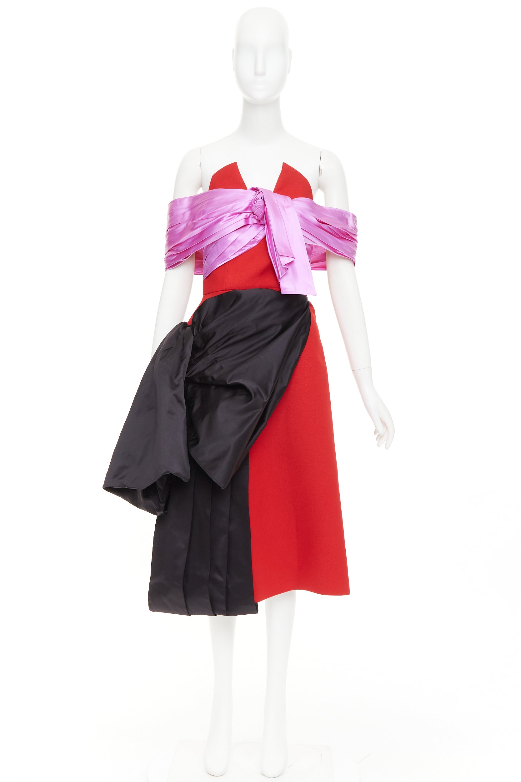 Women's Prada red pink black virgin wool satin sash bustier dress - Image 10