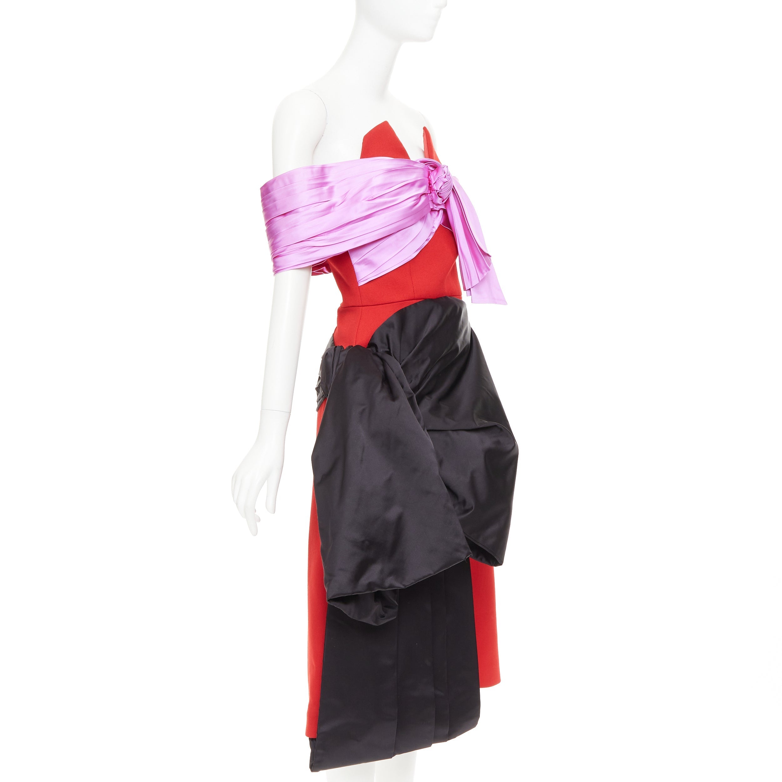 Women's Prada red pink black virgin wool satin sash bustier dress - Image 3