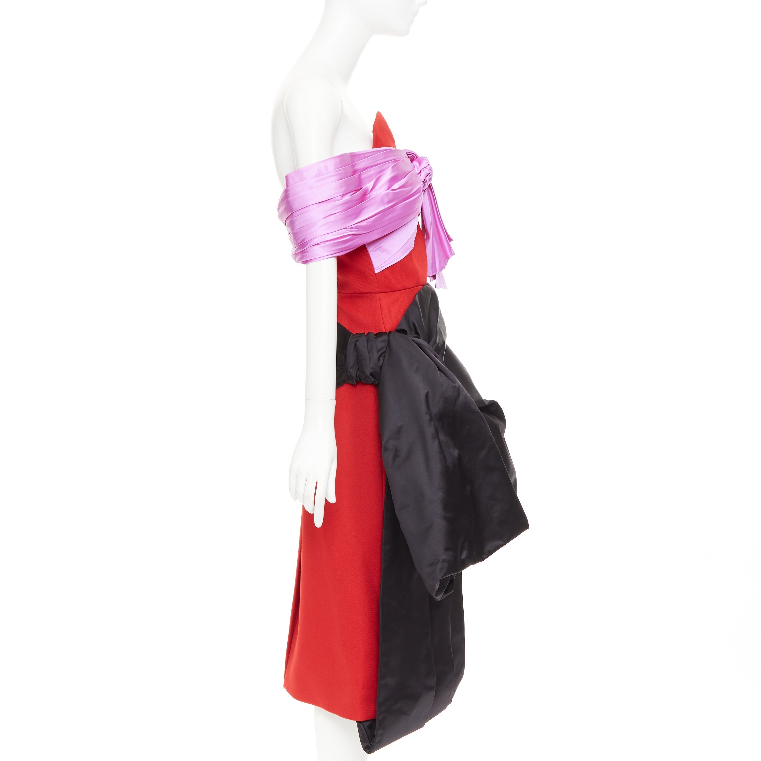 Women's Prada red pink black virgin wool satin sash bustier dress - Image 4