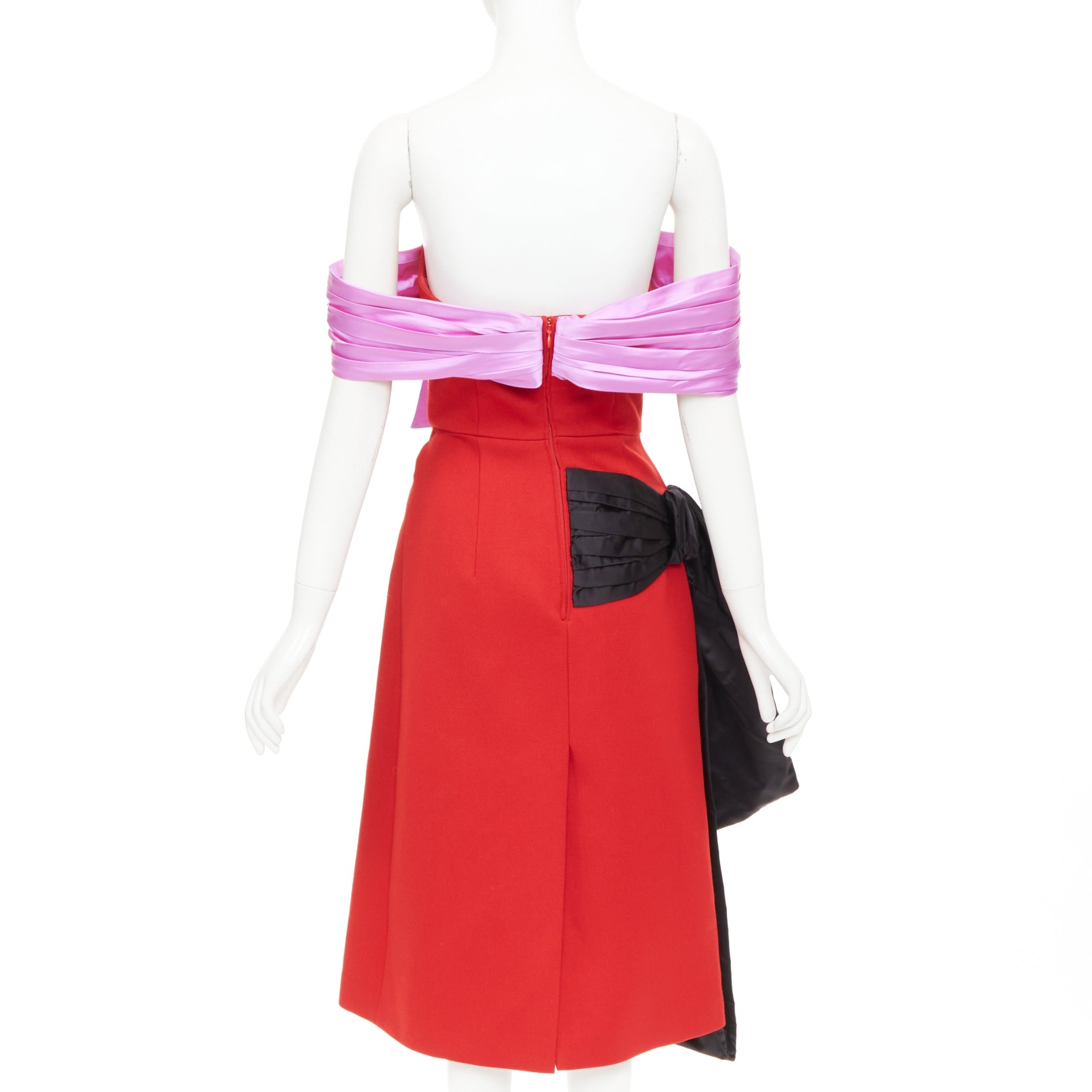 Women's Prada red pink black virgin wool satin sash bustier dress - Image 5