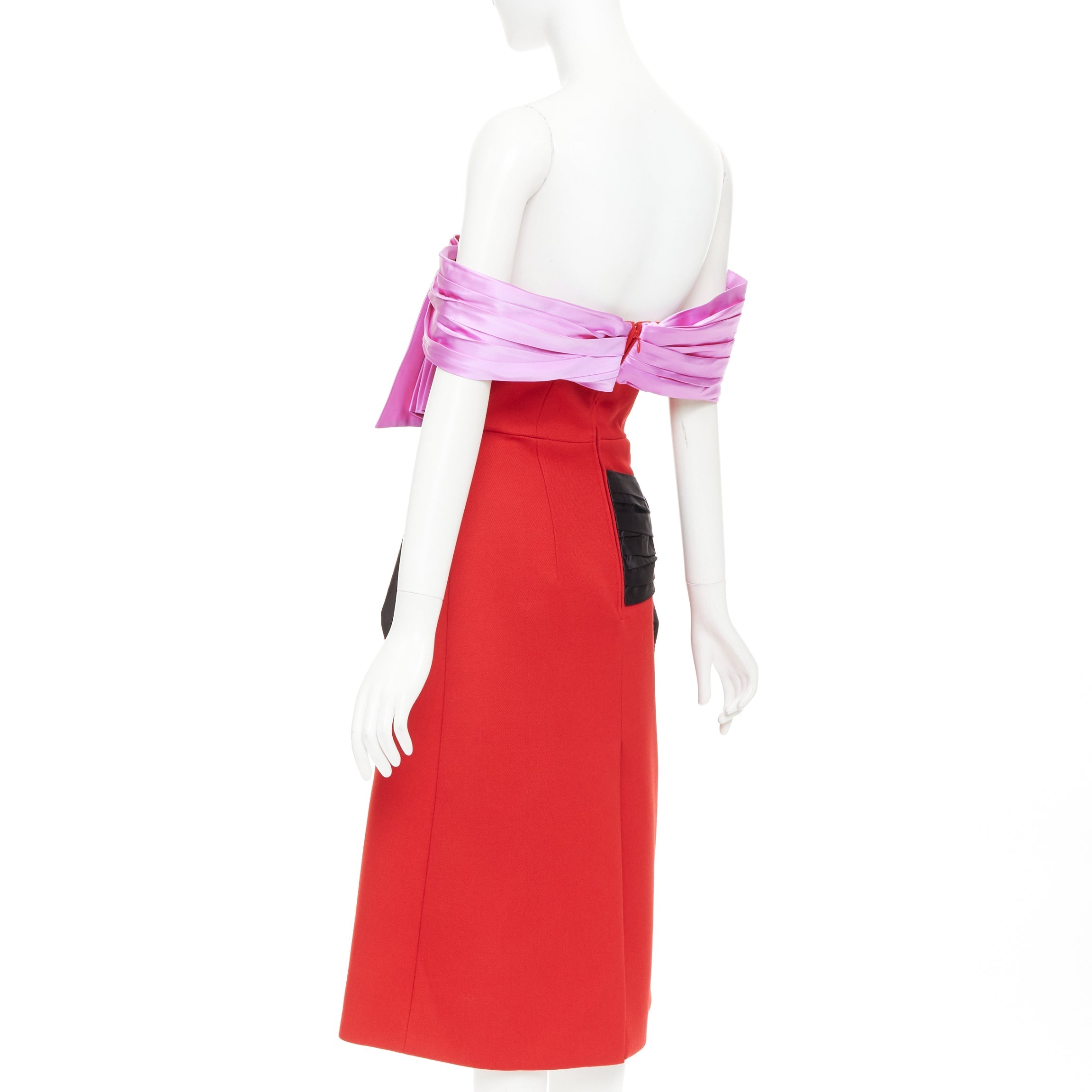 Women's Prada red pink black virgin wool satin sash bustier dress - Image 6
