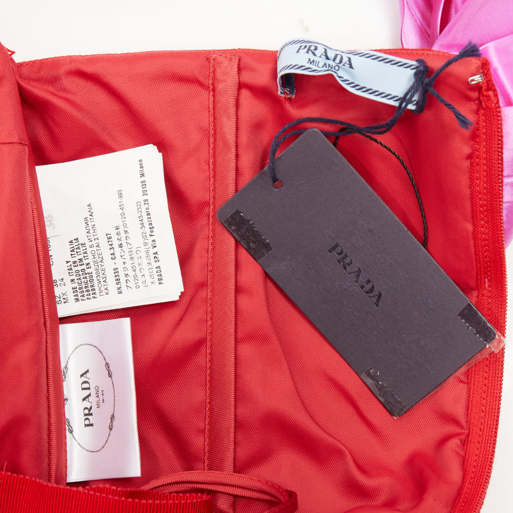 Women's Prada red pink black virgin wool satin sash bustier dress - Image 9