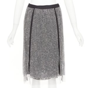 Women's Prada silver crystal black mesh triangle cut out lace knee skirt
