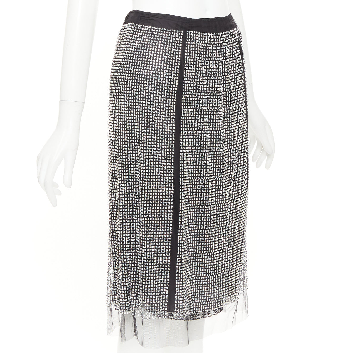 Women's Prada silver crystal black mesh triangle cut out lace knee skirt - Image 3