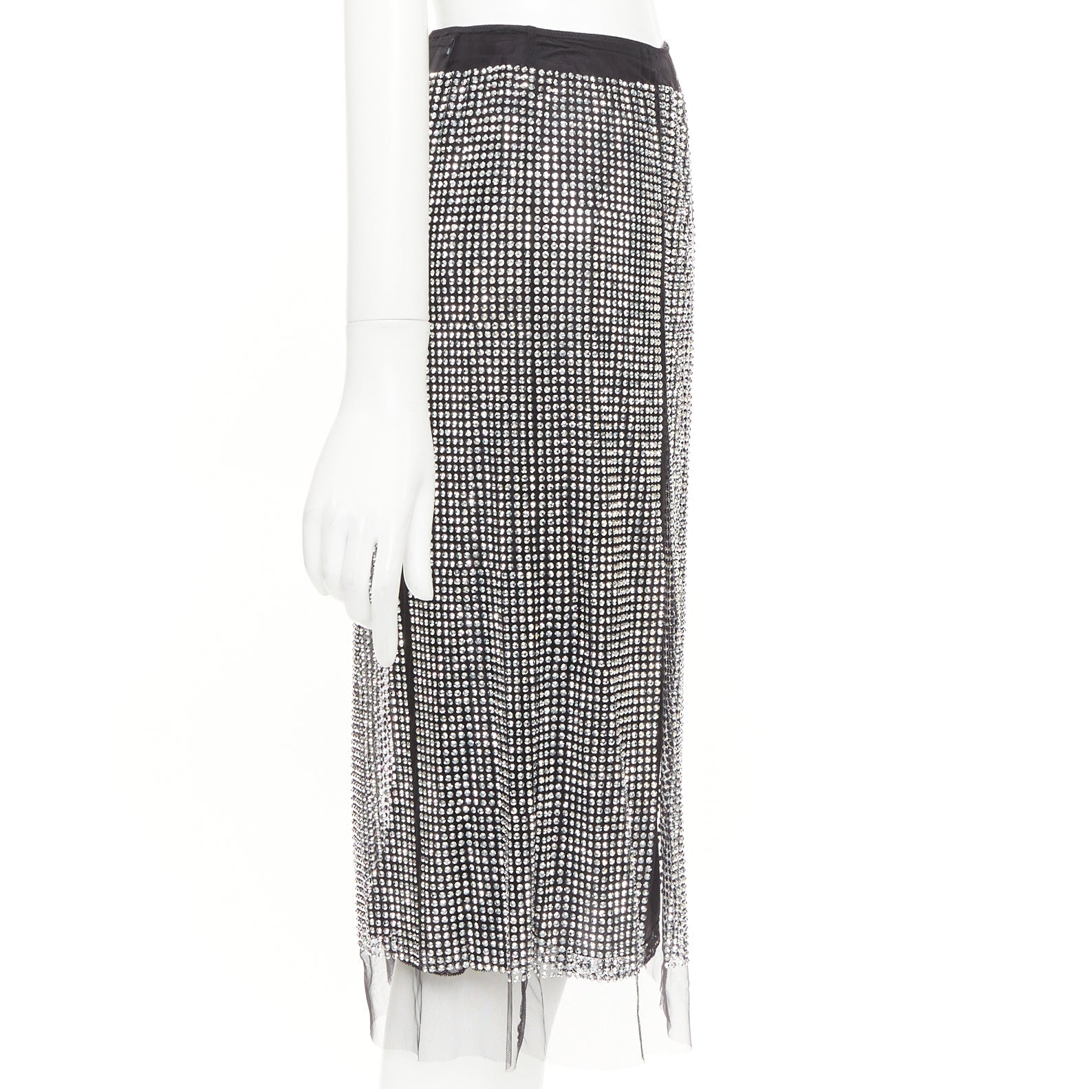 Women's Prada silver crystal black mesh triangle cut out lace knee skirt - Image 4