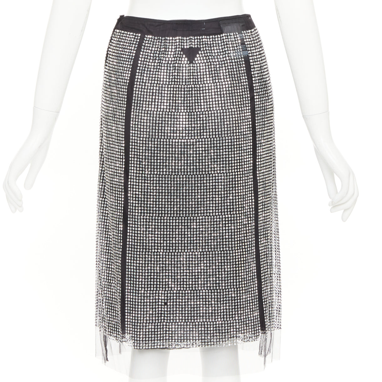 Women's Prada silver crystal black mesh triangle cut out lace knee skirt - Image 5