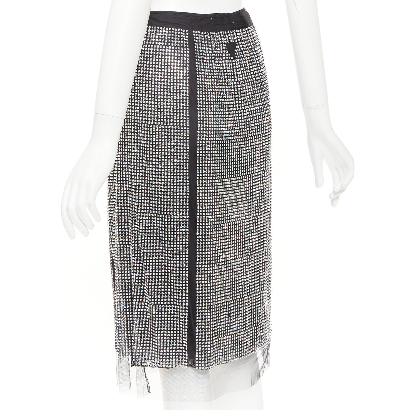 Women's Prada silver crystal black mesh triangle cut out lace knee skirt - Image 6