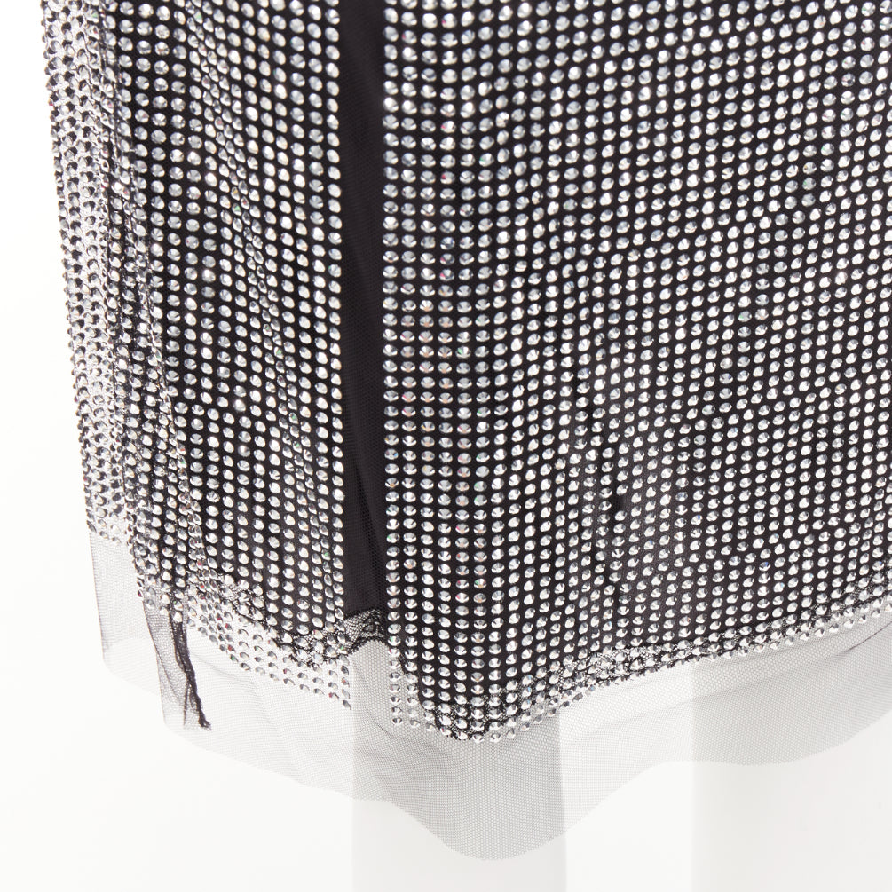 Women's Prada silver crystal black mesh triangle cut out lace knee skirt - Image 7