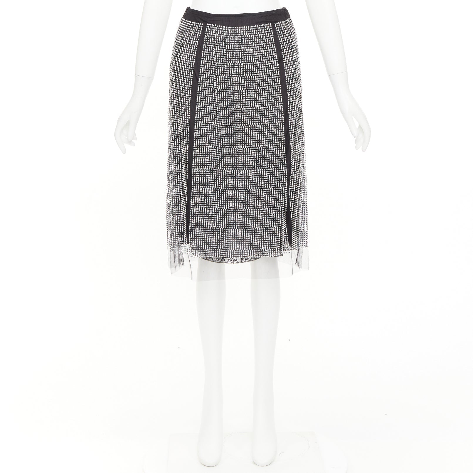Women's Prada silver crystal black mesh triangle cut out lace knee skirt - Image 9