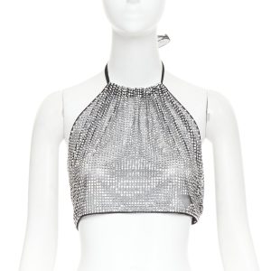 Women's Prada silver crystal rhinestone mesh halter neck crop top