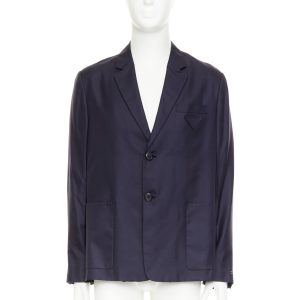 Men's Prada silk navy tonal triangle patch single breasted blazer