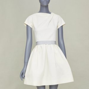 Women's Victoria Beckham cream origami fold grey belted cotton dress