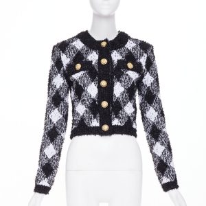 Women's Balmain houndstooth check knit crop cardigan