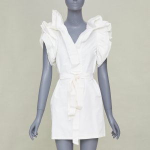 Women's Lanvin white cotton wrap tiered ruffle dress