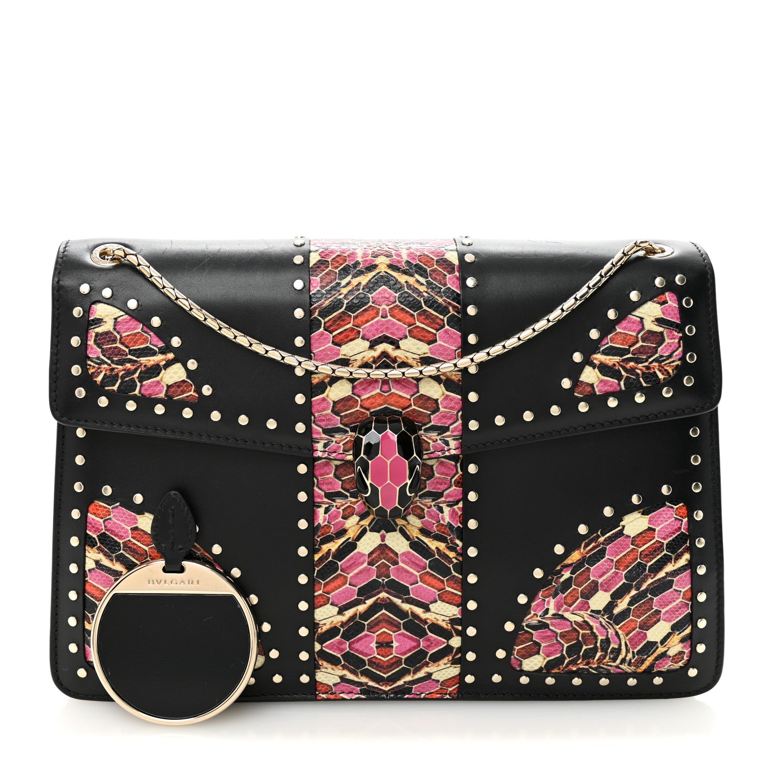 Calfskin Karung Studded Serpenti Forever Shoulder Bag Black Pink Multicolor - Image 3