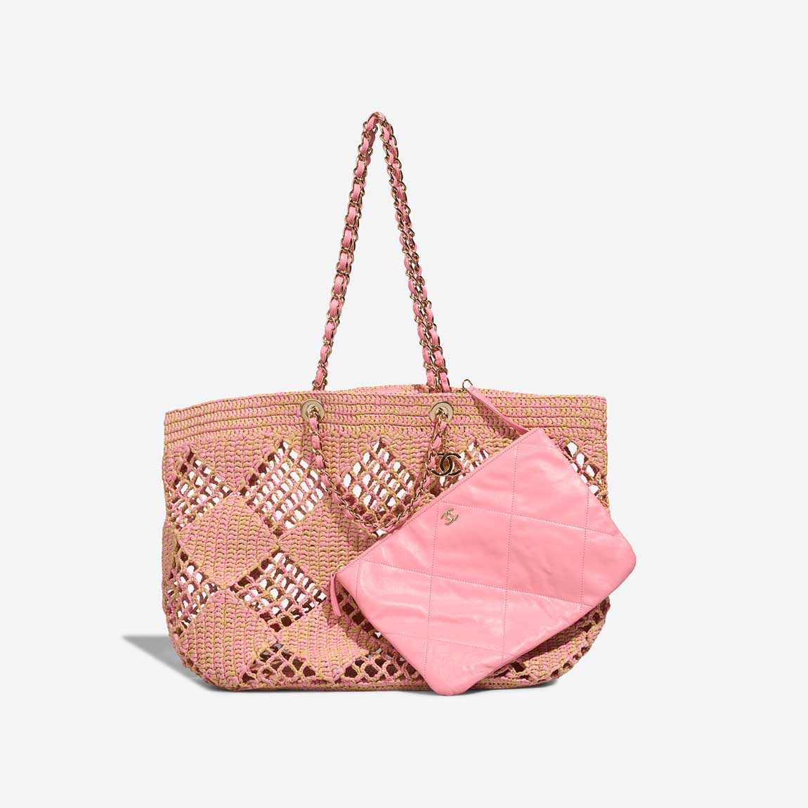 Chanel Shopping Tote Large Raffia / Lamb Beige / Pink - 图片 9