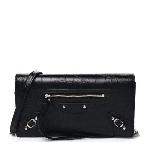 Crocodile Embossed Calfskin Classic Silver Hardware Le City Wallet On Chain Silver