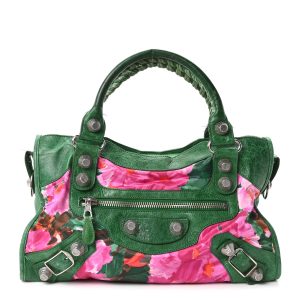 Chevre Satin Giant 21 Silver Hardware City Green Floral